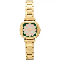 Gold Komono Monneypenny Aurora watch with floral design on square face and linked bracelet.
