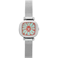 Silver Komono Monneypenny Flower watch with floral-patterned face and mesh strap.