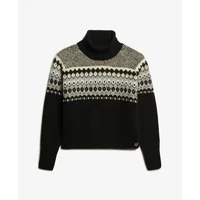 Black roll-neck jacquard jumper with white and grey geometric patterns, long sleeves, and ribbed cuffs.