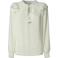 White women's blouse with ruffled shoulders, tie-neck detail, and long sleeves by Pepe Jeans.
