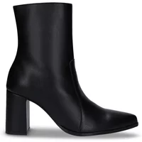 Black vegan leather ankle boots with block heel and pointed toe.