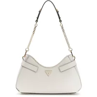 White Guess Serenova shoulder bag with gold chain strap and triangular logo on the front.