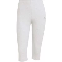 White Adidas Essentials Rib Capri leggings with a subtle logo on the thigh, featuring a snug fit and ribbed texture.