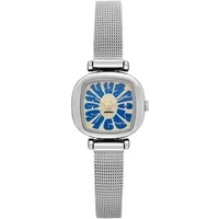 Komono The Moneypenny Flower women's watch with silver mesh band, square face, and abstract blue floral design.