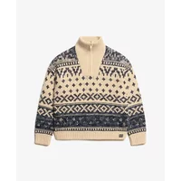 Beige and navy zip-neck sweater with Nordic pattern, ribbed cuffs, and Superdry Ski Lodge branding.