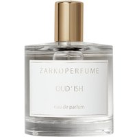 Clear glass bottle of Zarkoperfume OUD'ISH Eau de Parfum, gold cap, white label, unisex woody fragrance, 100 ml.