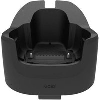 Black Zebra barcode reader cradle with curved edges and charging pins, model ADP-MC93-CRDCUP-01.