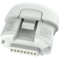 White Zebra barcode reader battery with connector pins and latch design.