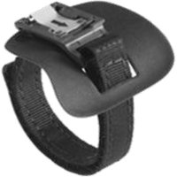 Black Zebra barcode reader finger strap with adjustable Velcro band and plastic clip attachment.