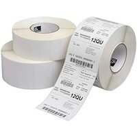Zebra ZIPRD3016390 white printer label roll with printed barcode and text, surrounded by two additional label rolls.