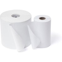 White Zebra thermal paper roll, 100 m, with smooth surface and cardboard core, partially unrolled.