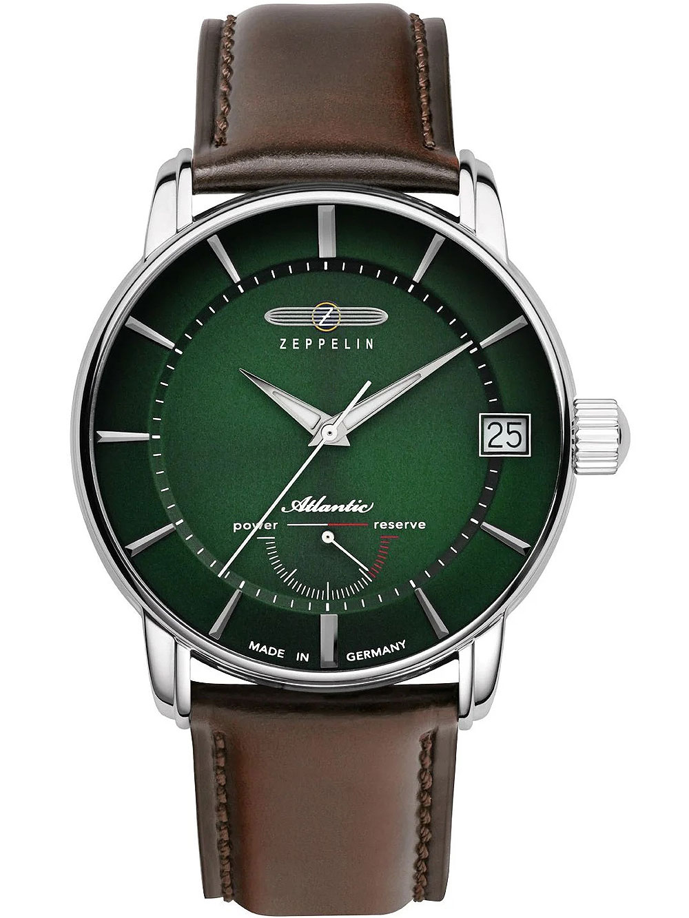 Zeppelin 8416-4 Atlantic Automatik watch features a green dial, silver-tone case, brown leather strap, power reserve indicator, and a date display at 3 o'clock, made in Germany.