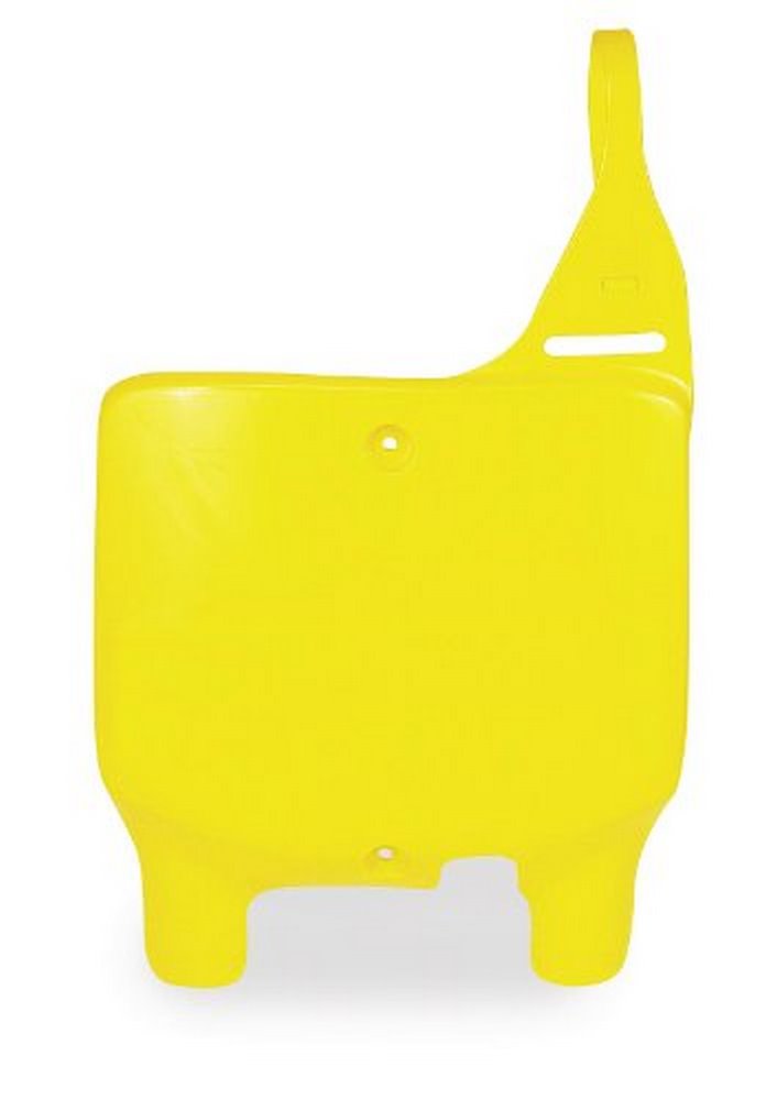 Bright yellow plastic front number board designed for Suzuki RM 125/250 (2001-11) and RMZ250/450 (2005-09), featuring a smooth surface and a mounting tab.