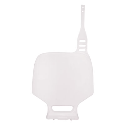 White front number board designed for Yamaha YZ80 (1993-2002) and YZ85 (2002-2014), featuring a smooth surface and a mounting bracket for easy installation.