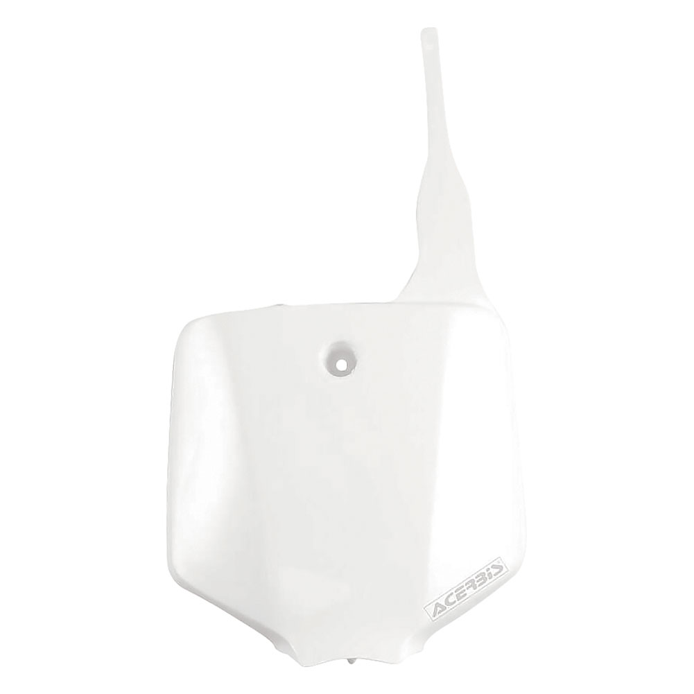 White front number board designed for Kawasaki KX65 (2000-2024) and Suzuki RM65 (2003-2014), featuring a smooth surface and a mounting hole for easy installation.