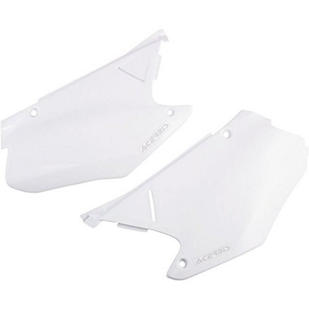 White plastic side panels designed for Honda CR 125/250 models from 2000-01, featuring the Acerbis logo and a sleek, aerodynamic shape.