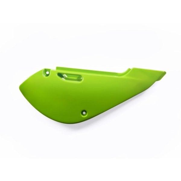 Fluro green plastic side panel designed for Kawasaki KX65 (2000-2023) and Suzuki RM65 (2003-2018), featuring a smooth finish and pre-drilled holes for easy installation.