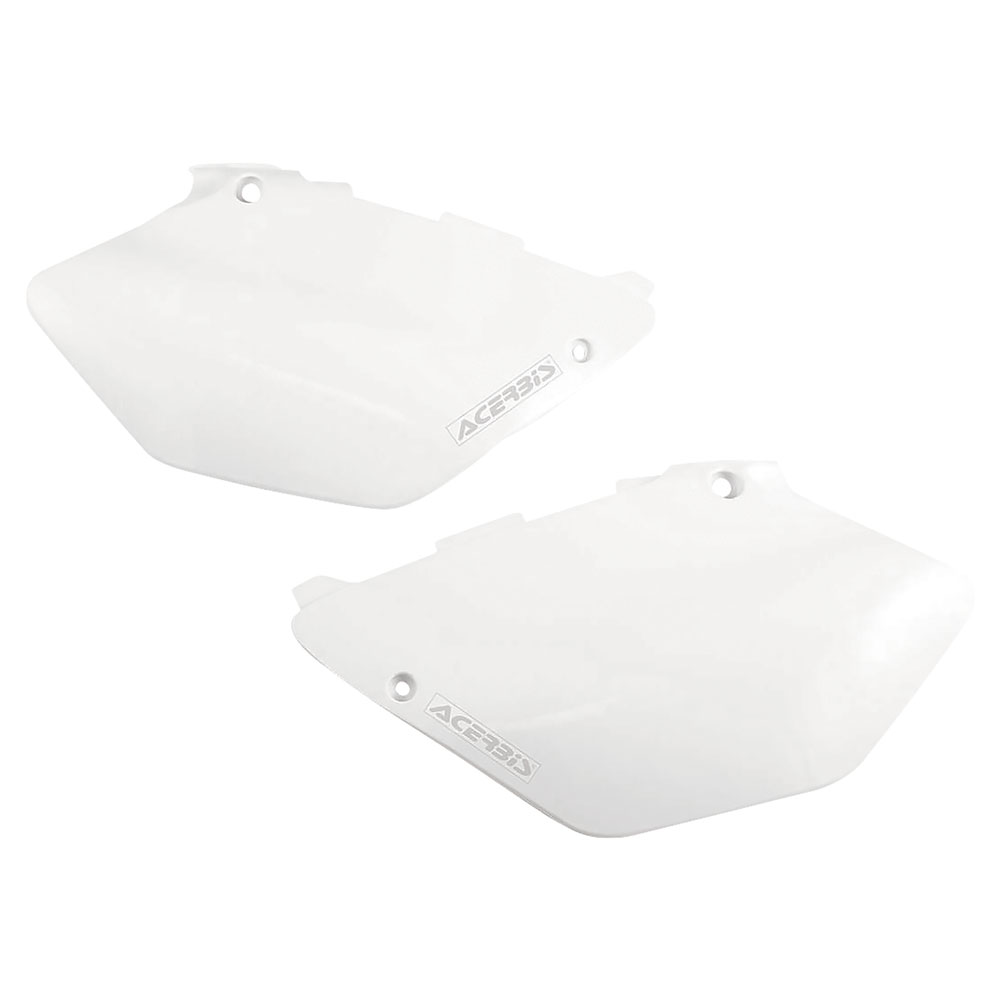 White plastic side panels designed for Yamaha YZ 125/250 and WR 125/250 models from 2002 to 2005, featuring Acerbis branding and mounting holes.