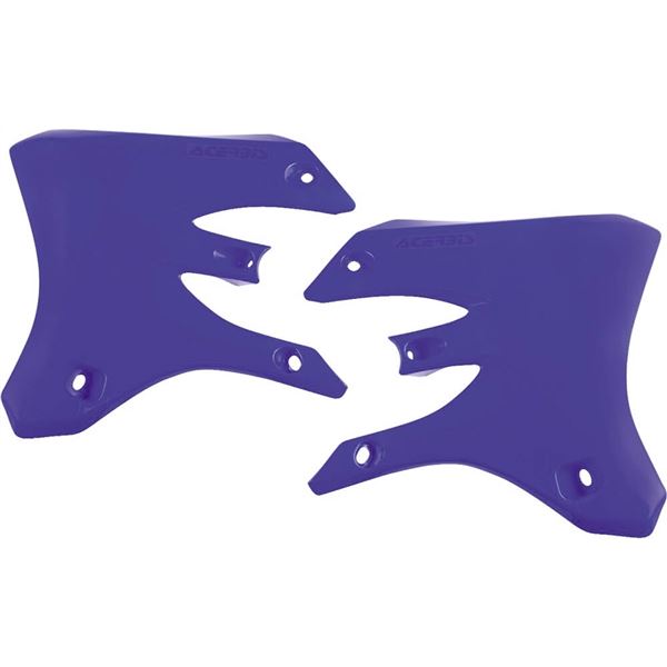 Blue plastic radiator scoops designed for Yamaha WRF250 (2003-04) and WRF450 (2004), featuring multiple mounting holes and the Acerbis logo molded on the surface.