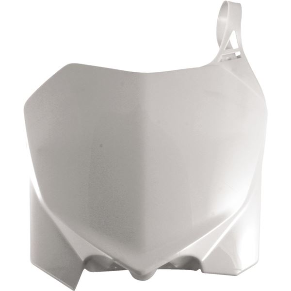 White plastic front number board designed for Honda CR 125/250 (2004-07) and CRF 250/450R (2005-07), featuring a sleek, aerodynamic shape and a mounting tab.