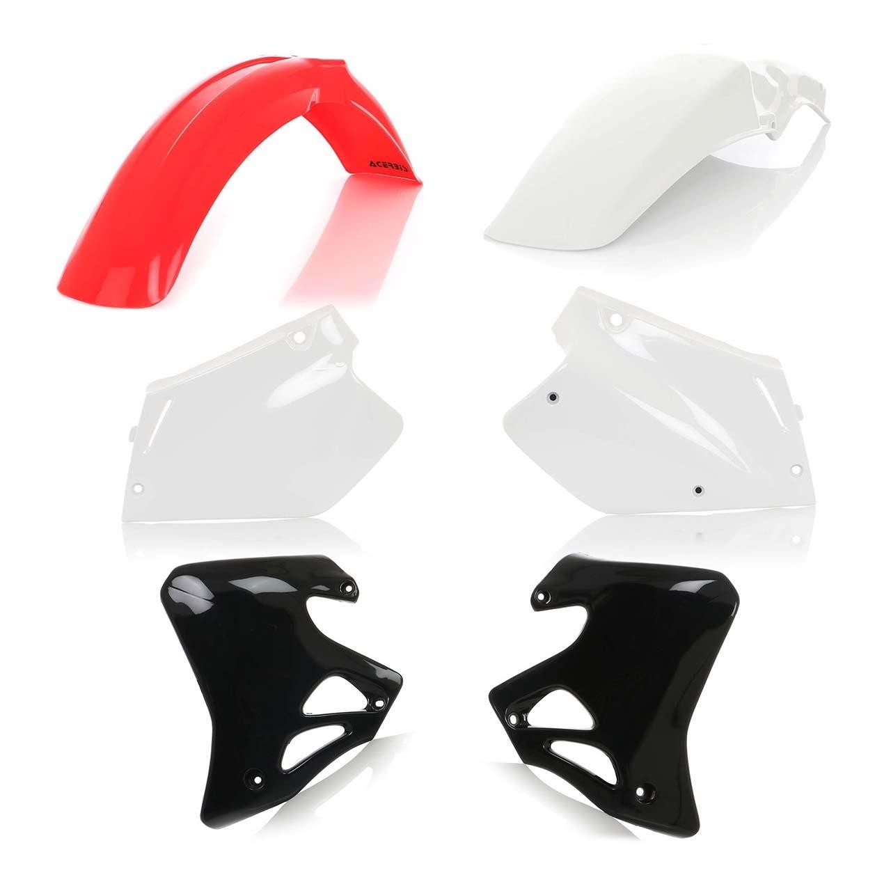 Acerbis Standard Plastics Kit for Honda CR125 and CR250, featuring a glossy red front fender, white side panels, and black rear side panels, designed for OEM fit.