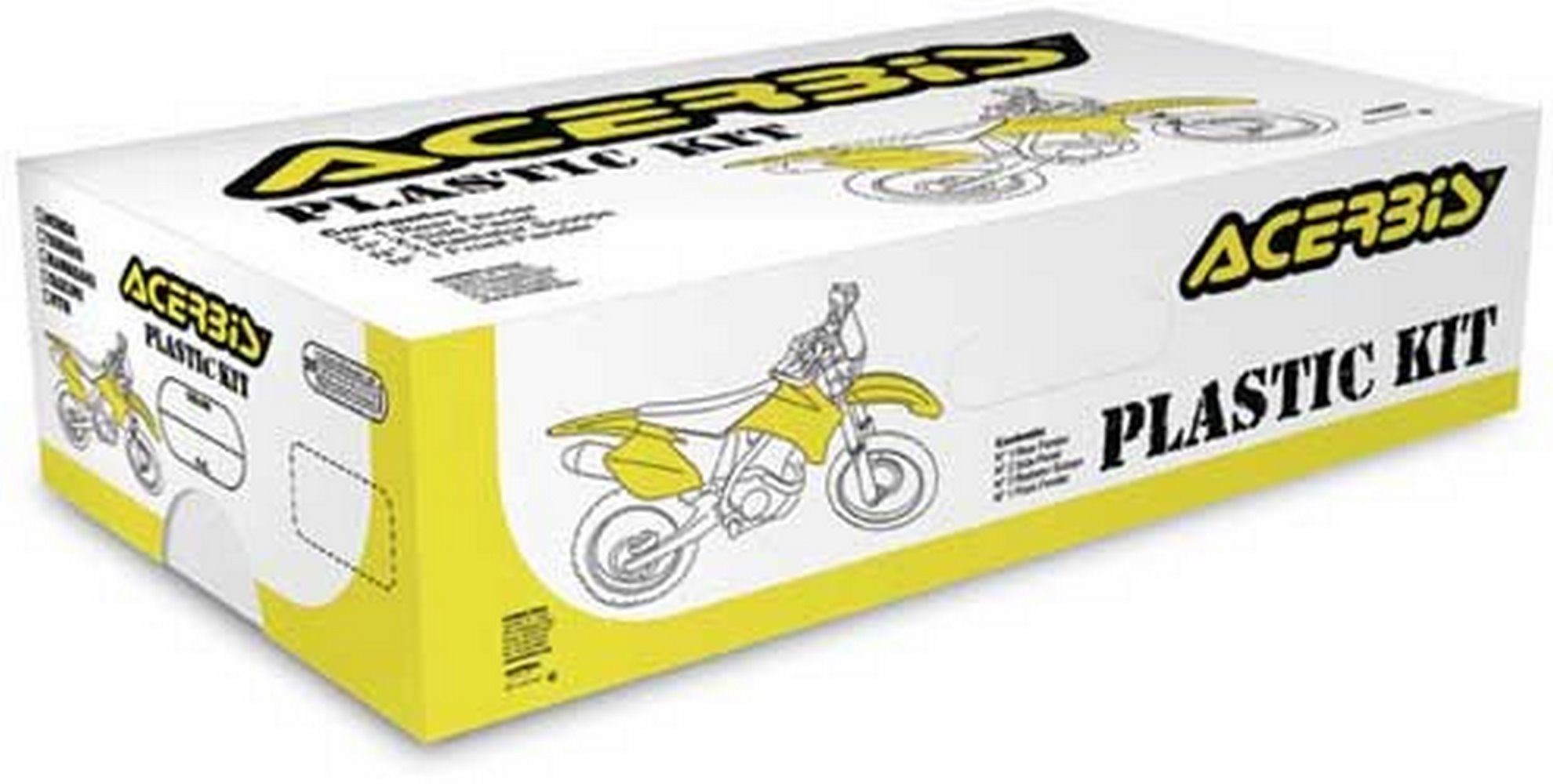 Acerbis Standard Plastics Kit for Kawasaki KX 125/250 (1999-2002), featuring a green and white design, packaged in a yellow box with a motorcycle graphic.