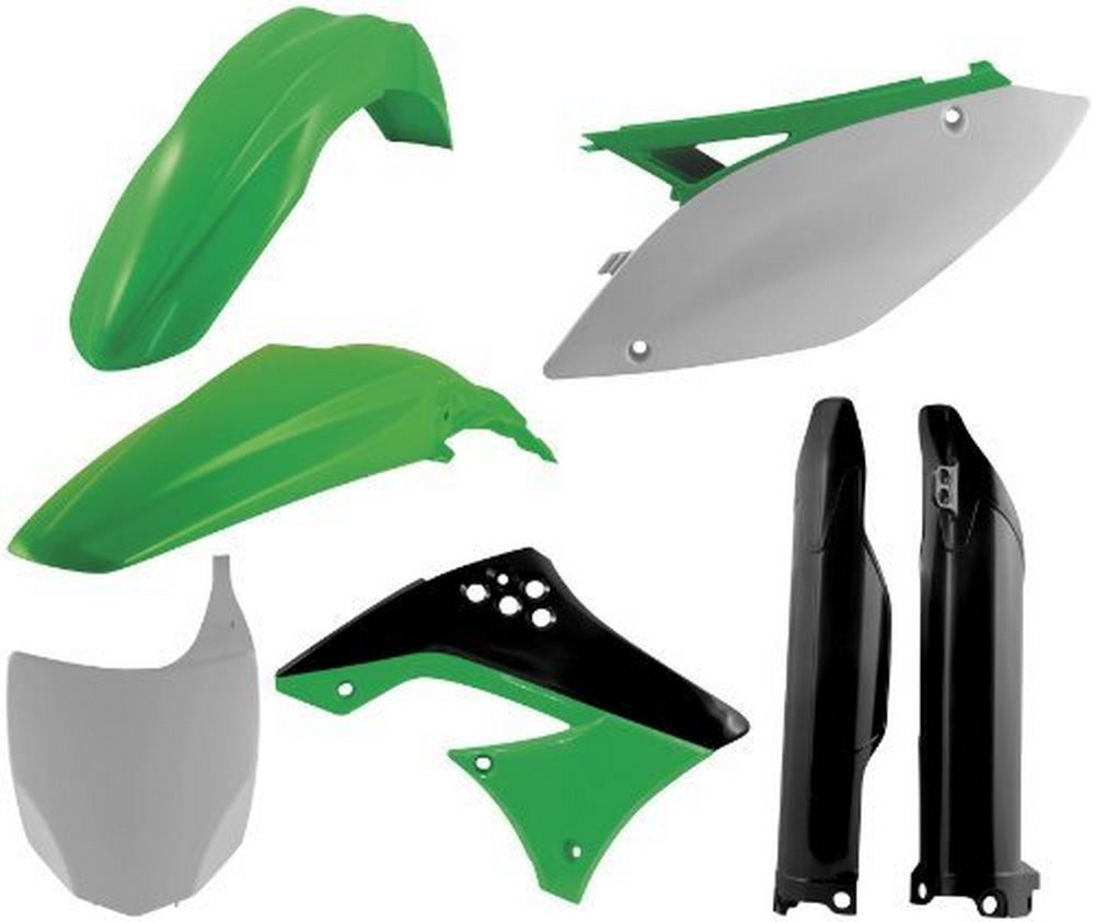 Black and green plastic bodywork kit for Kawasaki KLX400 (2003-04) and Suzuki DRZ400E (2000-12), including fenders, side panels, and a front number plate.