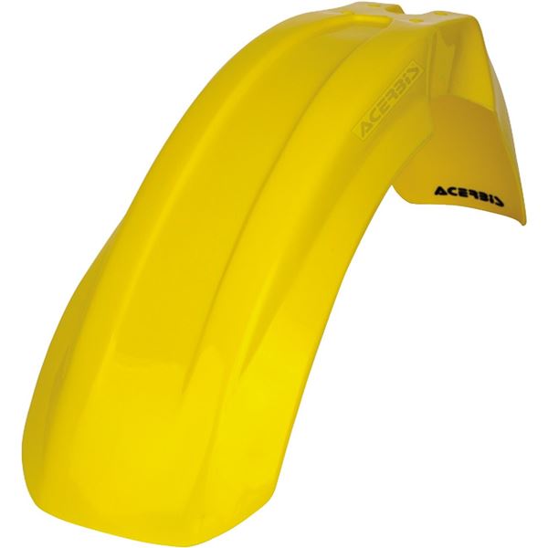 Bright yellow Acerbis front fender designed for Suzuki DRZ400 (2000-2018) and RM125 (1995-2000), featuring a sleek, aerodynamic shape and durable plastic material.