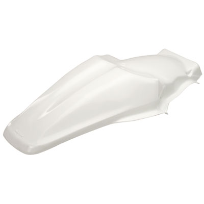 White plastic rear fender designed for Kawasaki KX85 models from 1998 to 2013, featuring a sleek, aerodynamic shape and smooth surface.