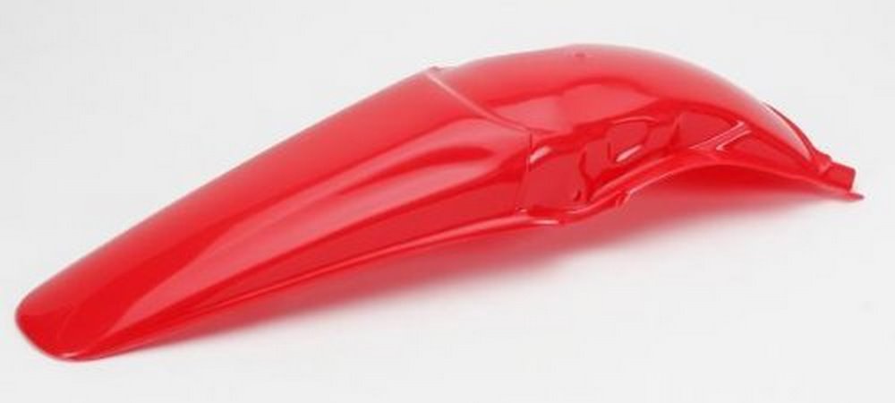 Bright red plastic rear fender designed for Honda CR 125/250 and CRE 125/250/500 models from 2000-01, featuring a sleek, aerodynamic shape and smooth finish.