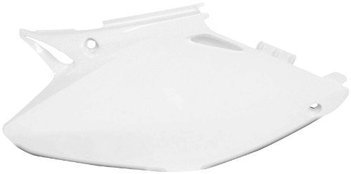 White plastic side panel for Kawasaki KXF250 models from 2006 to 2008, featuring a sleek design and precision cutouts for easy installation.