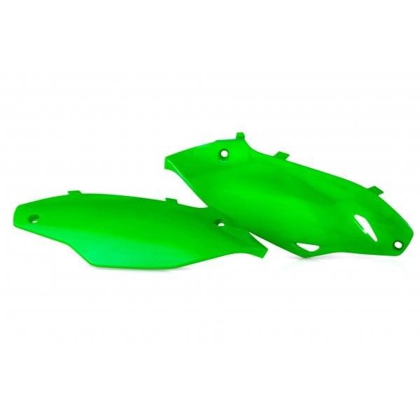 Fluro green plastic side panels designed for Kawasaki KXF250 models from 2006 to 2008, featuring smooth surfaces and multiple mounting points.