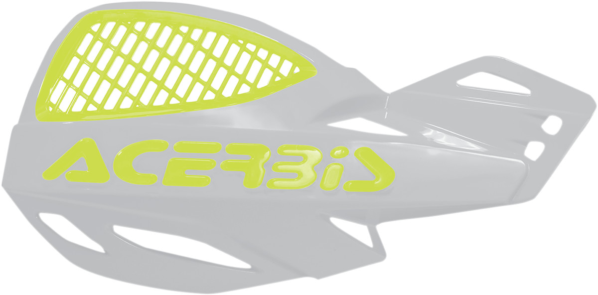 Acerbis Uniko Vented Hand Guards in white with fluro yellow accents, featuring a mesh design for ventilation and a universal fitting kit for easy installation.