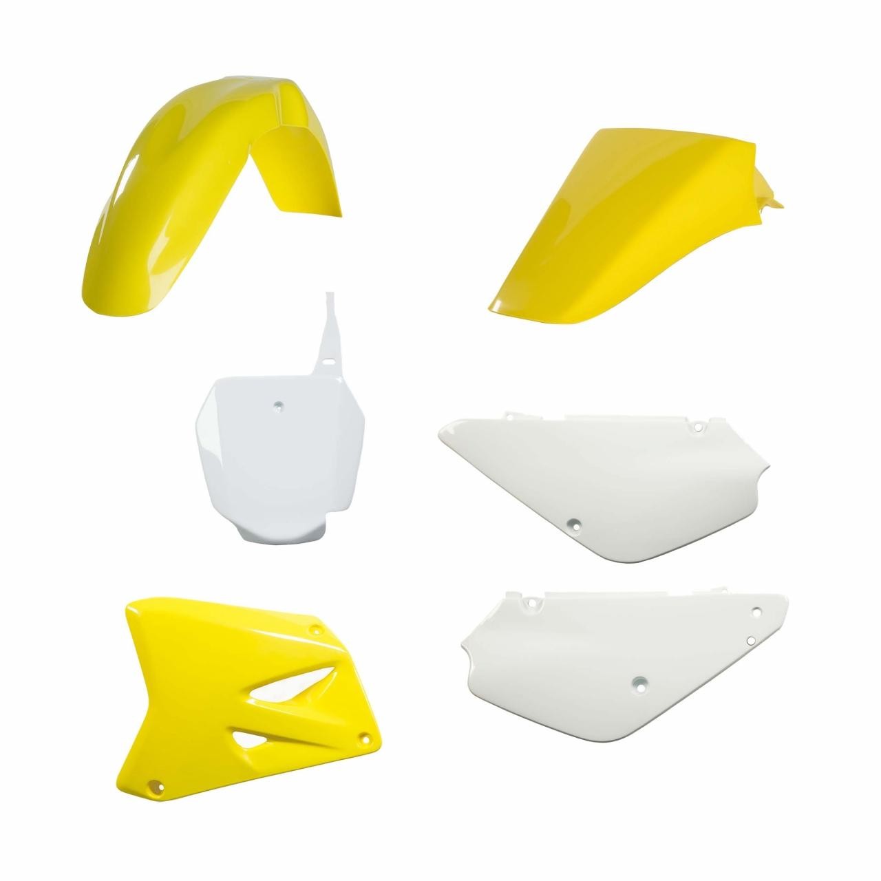 Acerbis Standard Plastics Kit for Suzuki RM85 (2003-2013) featuring bright yellow and white plastic components, including fenders and side panels, designed for OEM fit.