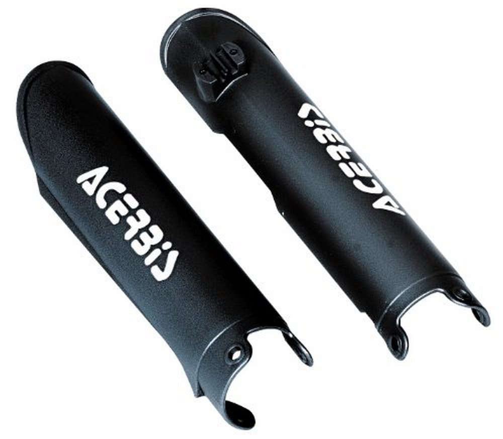 Black Acerbis fork guards designed for Kawasaki KX 125/250 models from 1995 to 2003, featuring a sleek finish and the Acerbis logo prominently displayed.