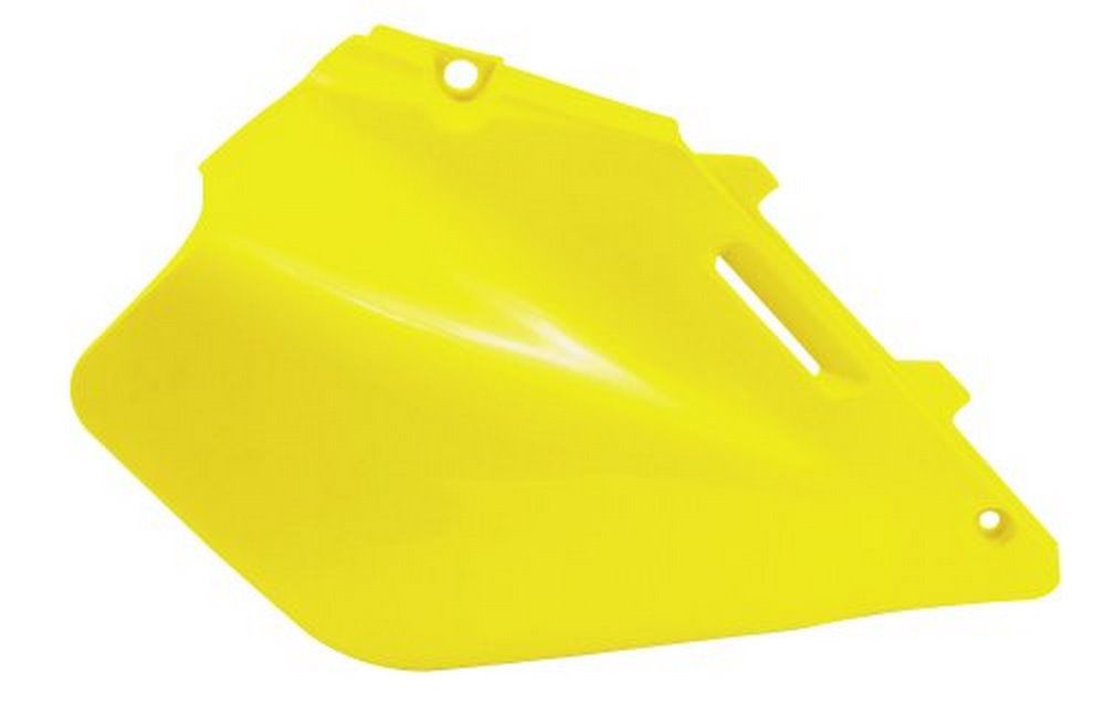 Bright yellow plastic side panel designed for Suzuki RMZ450 models from 2008 to 2014, featuring a smooth finish and a cutout for easy installation.