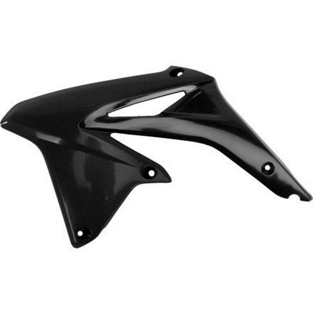 Black plastic radiator scoops designed for Suzuki RMZ450 (2008-2017) and RMZ-X (2010), featuring a sleek aerodynamic shape and mounting holes for easy installation.
