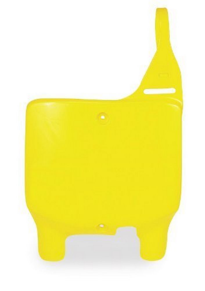 Bright yellow plastic front number board designed for Suzuki RMZ250 (2010-18) and RMZ450 (2008-17), featuring a smooth surface and a mounting point on the side.