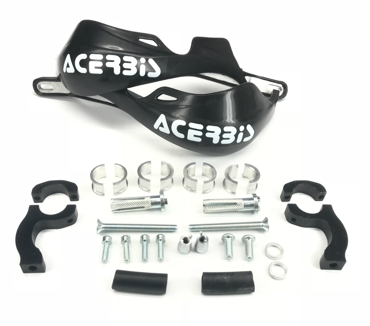 Black Acerbis Rally Pro Hand Guards with white branding, accompanied by various mounting hardware including clamps, screws, and spacers for installation.
