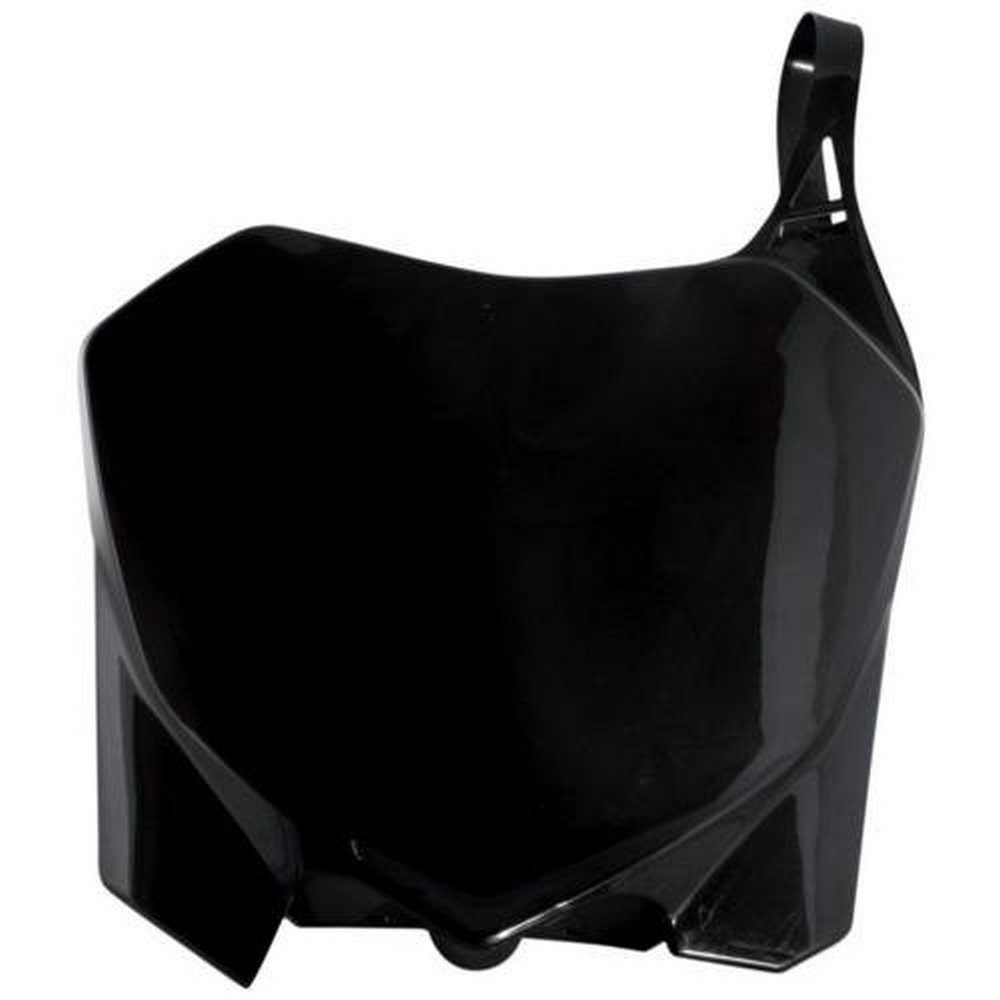 Acerbis front number board in glossy black plastic, designed for Kawasaki KXF 250/450 models from 2009 to 2012, featuring a sleek, aerodynamic shape and a mounting hook.