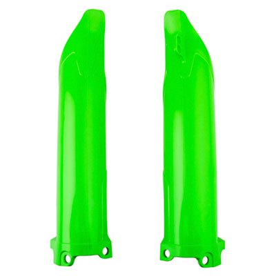 Bright green plastic fork guards designed for Kawasaki KXF250 (2009-2016) and KXF450 (2009-2015), featuring a sleek, aerodynamic shape and mounting holes at the base.
