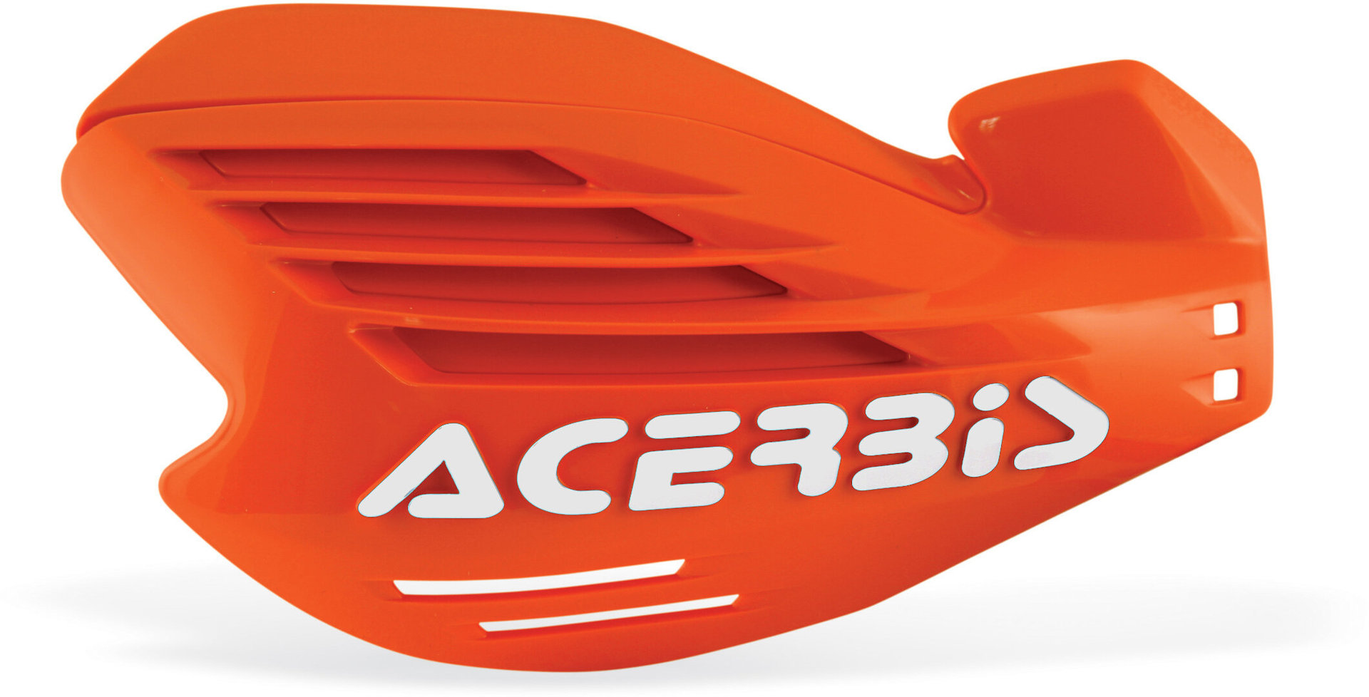Bright orange Acerbis X-Force hand guard featuring a sleek design with ventilation slots and a prominent white logo, made from durable plastic for motorcycle protection.
