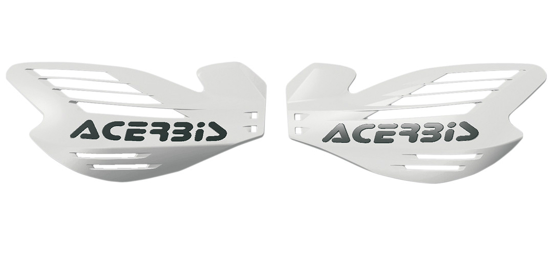 White Acerbis X-Force hand guards featuring a sleek design with cut-out vents and the Acerbis logo in black, made from durable plastic for protection.