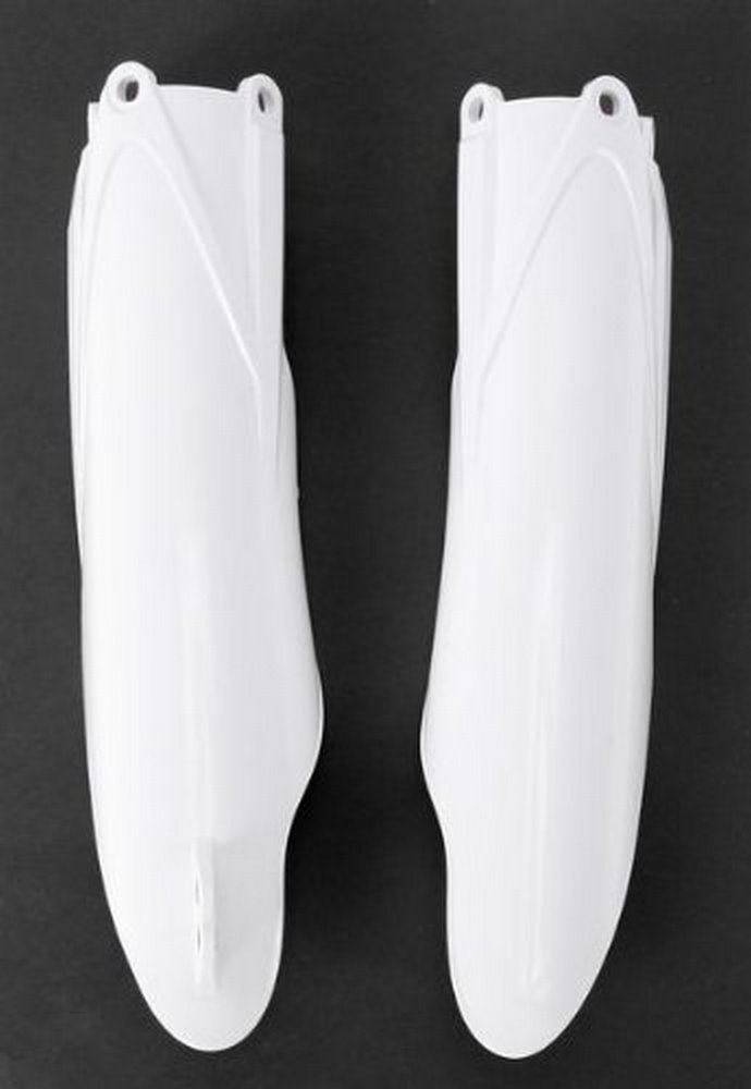 White plastic fork guards designed for Yamaha YZF250 (2019-23), YZF450 (2010-22), and YZ 125/250 (2015-23), featuring a sleek aerodynamic shape and mounting holes.