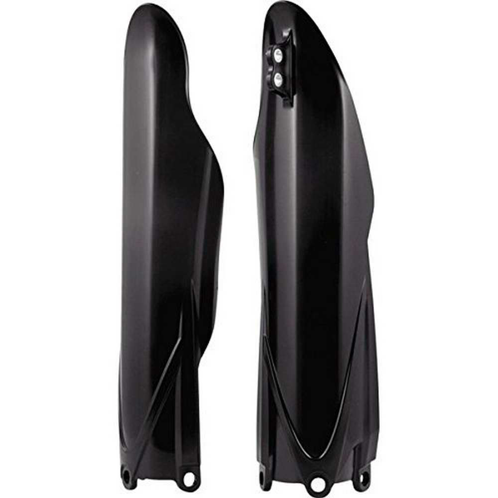 Black plastic fork guards designed for Yamaha YZF250 (2019-23), YZF450 (2010-22), and YZ 125/250 (2015-23), featuring a sleek aerodynamic shape and mounting points.