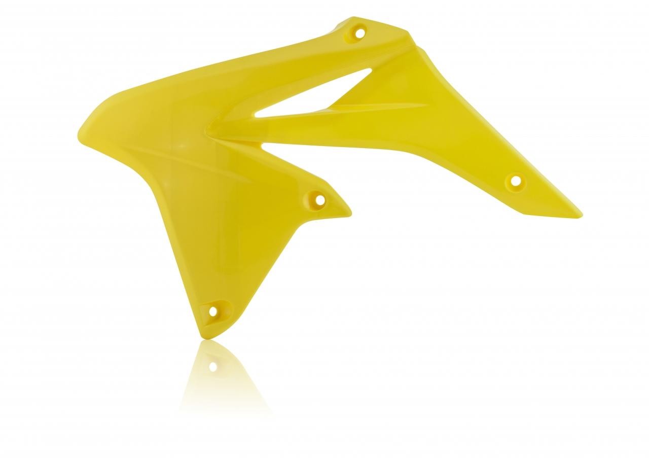 Bright yellow plastic radiator scoops designed for Suzuki RMZ250 models from 2010 to 2018, featuring aerodynamic shapes and multiple mounting holes for easy installation.