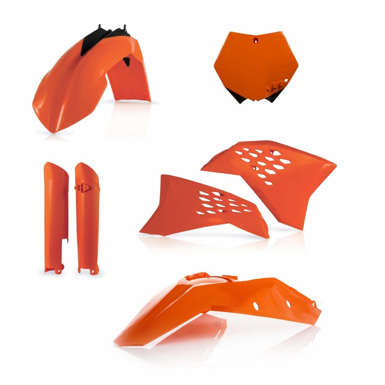 Acerbis Full Plastics Kit in vibrant orange, featuring front and rear fenders, side panels, and a number plate, designed for KTM SXF 350/450/505 models from 2008 to 2010.