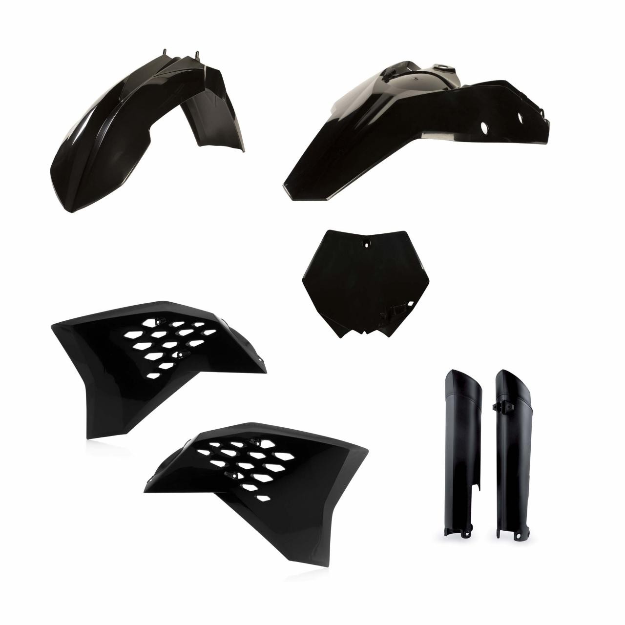 Black plastic full plastics kit by Acerbis for KTM SXF 250/350/450/505 models from 2009-2010, featuring various body panels including fenders and side panels.