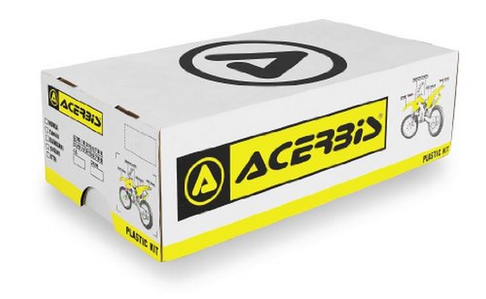 Acerbis Full Plastics Kit packaging featuring a white box with a bold yellow stripe and black logo, designed for Honda CRF250R 2010 and CRF450R 2009-10 models.