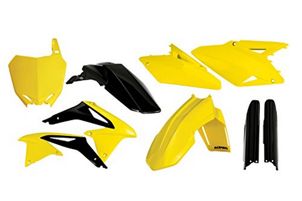 Acerbis Full Plastics Kit for Suzuki RMZ450, featuring yellow, black, and white plastic components, including fenders, side panels, and number plates designed for 2008-2017 models.